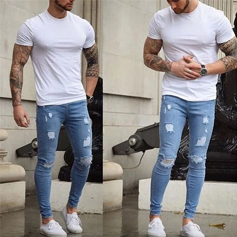 Nieuwste aankomsten Skinny Jeans Heren lange rechte been Slim Fit Casual Gat Strech Denim Pants Clubwear Fashion Hot Plus W3