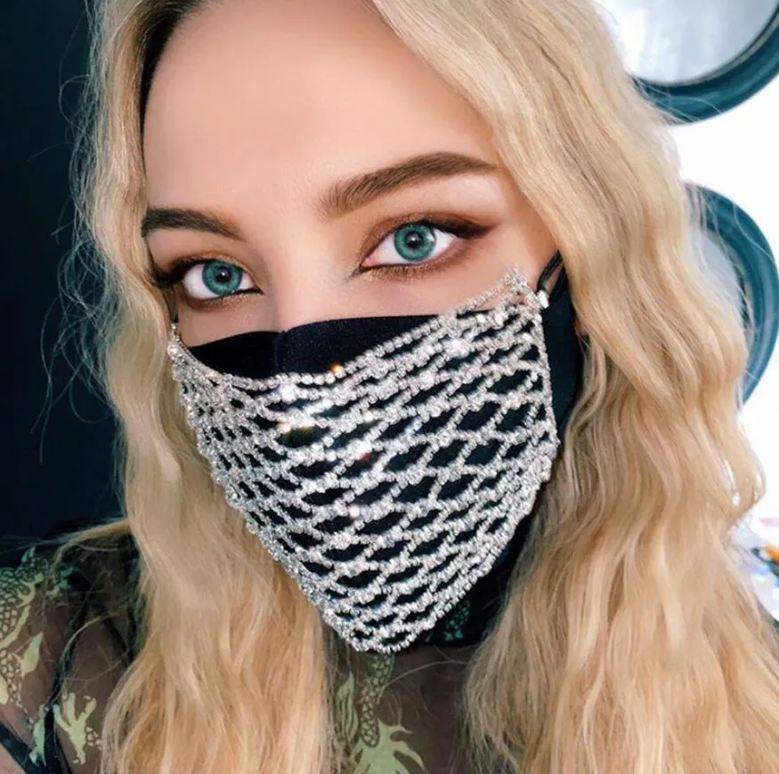 Lyxig bling bling rhinestone ansikte mask smycken för kvinnor ihåliga elastiska ansikte kropp smycken nattklubb dekorativa smycken