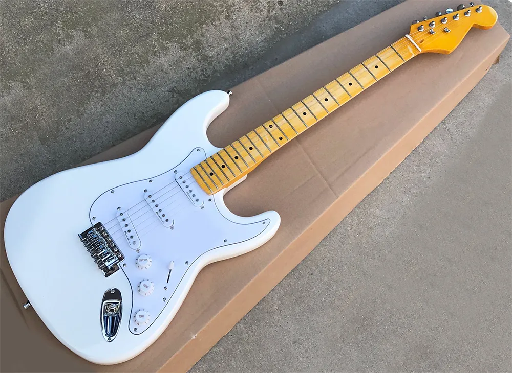 Vit / grön elektrisk gitarr med gul lönnhals, Maple Fretboard, White Pickguard, kan anpassas som förfrågan