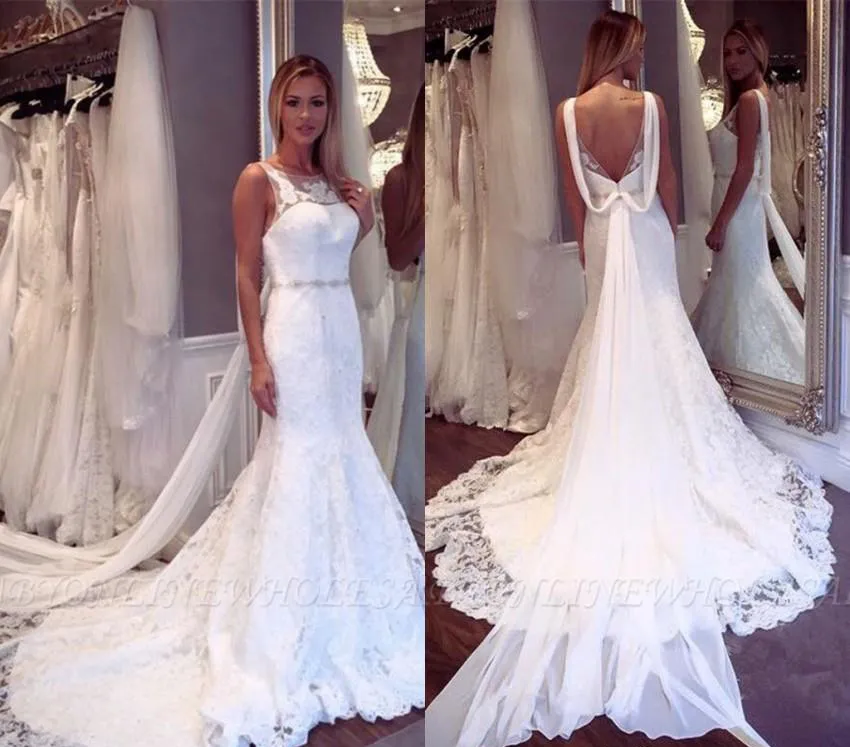 Beyaz Mermaid Gelinlik 2019 Tam Dantel Backless Bahçe Ülke Kilisesi Gelin Gelinlikler Custom Made Artı Boyutu