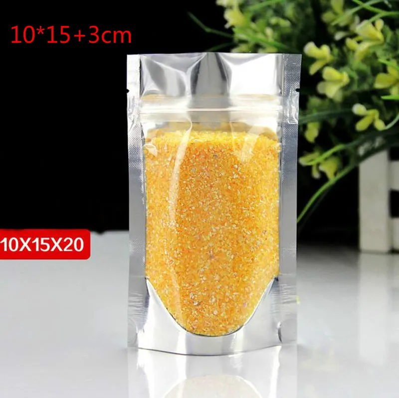 10X15CM Stand up Translucent aluminium Zip Lock bag Front clear & silver metallic foil zipper self sealing plastic pouch for tea