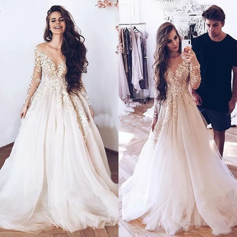 Luxury Appliques Lace Wedding Dresses Illusion Long Sleeves Tulle Sweep Train Country Bridal Gowns Sweep Train Vestidos De Noiva