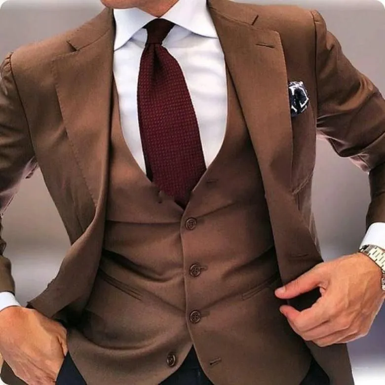 Fashion Brown Groom Tuxedos Notch Lapel Men Wedding Tuxedos Men Jacket Blazer Excellent 3 Piece Suit(Jacket+Pants+Tie+Vest) 1223