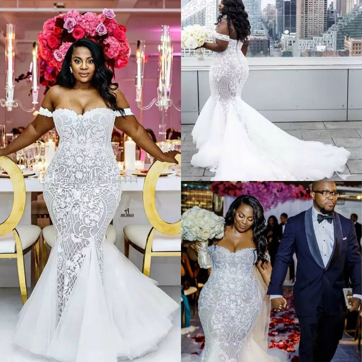 Robes de mariée sirène 2019 modeste, plus la taille de l'épaule trompette robes de mariée balayage train tulle dentelle robe de mariée africaine sur mesure