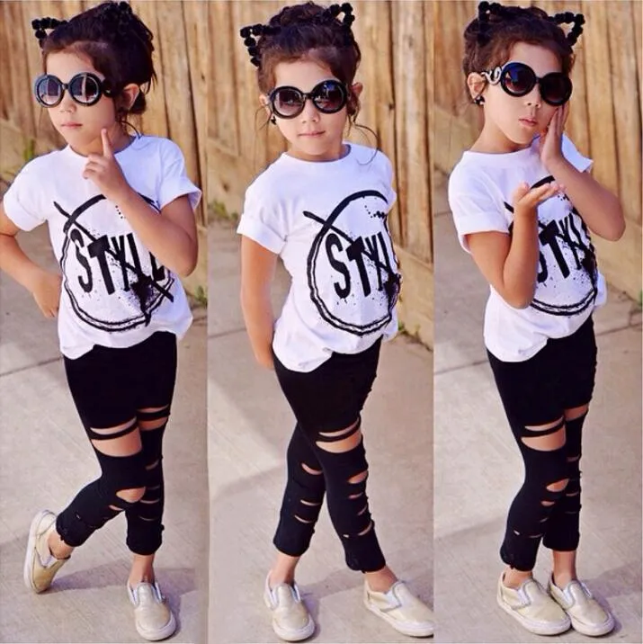 2019 Kids Girls Clothes Set Baby Girl Summer Short Sleeve Print T-Shirt + Hole Pant Leggings Outfit Children Clothing Set