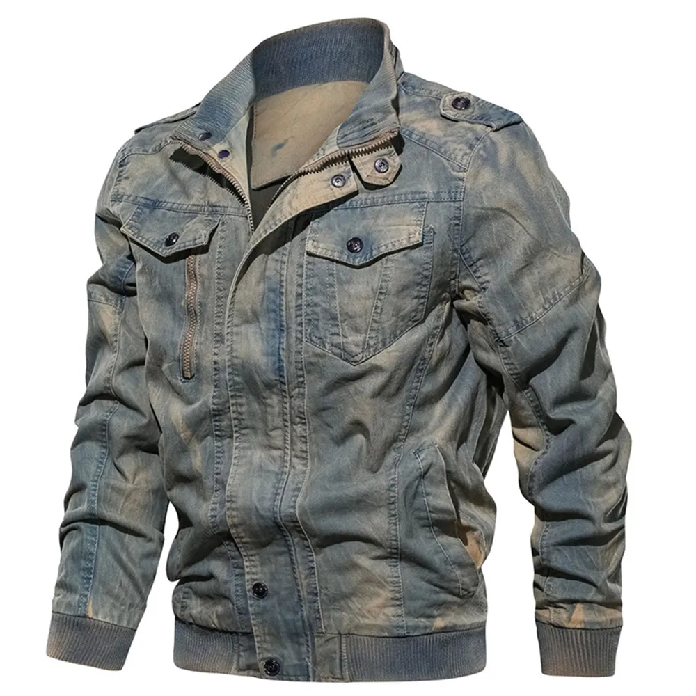 Mężczyźni Denim Bomber Kurtki Stojak Kołnierz Vintage Kurtka Wojskowa Płaszcz Lekka Slim Bombowiec Kurtka Wiatrówka Kurtka wierzchnia