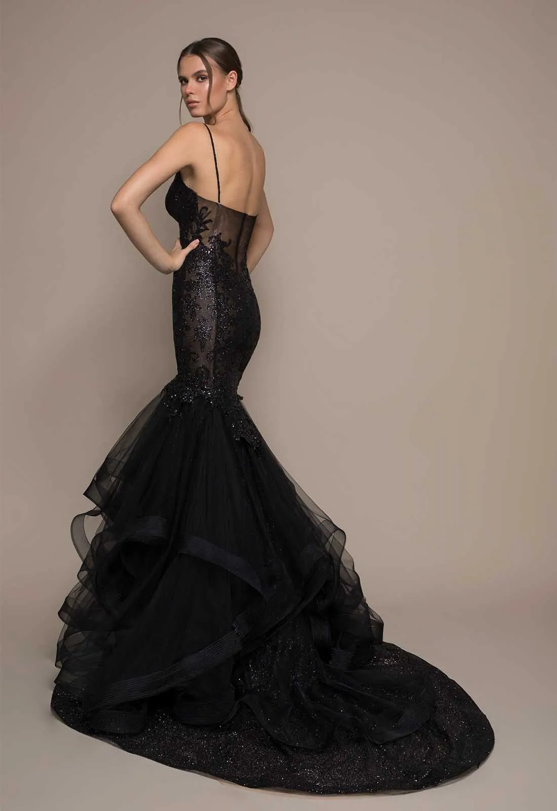 black lace prom dress 2020 Black Tulle A-line V-neck Slit Long Prom Dresses With Lace Appliques, MP831