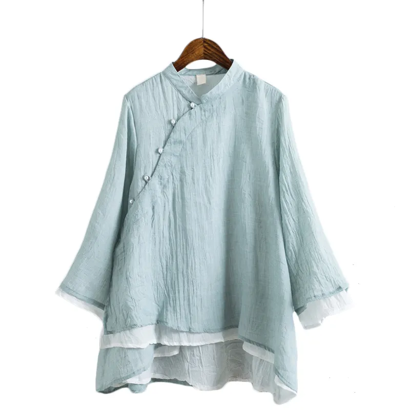 Винтажный китайский стиль жемчуга наклонные кнопки двойной слой хлопчатобумажные белья рубашки женские стойки воротник полного рукава причинные рубашки