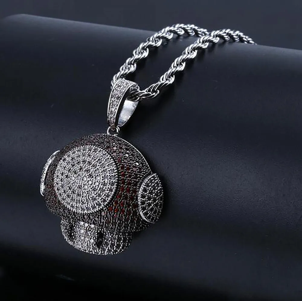 Iced Out CZ Bling Mushroom Pendant Necklace Mens Micro Pave Cubic Zirconia Simulated Diamonds Necklace