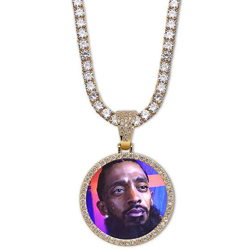 14K Custom Made Photo Round Medallions Pendant Necklace With 3mm 24inch Rope Chain Silver Gold Color Zircon Men Hiphop Jewelry