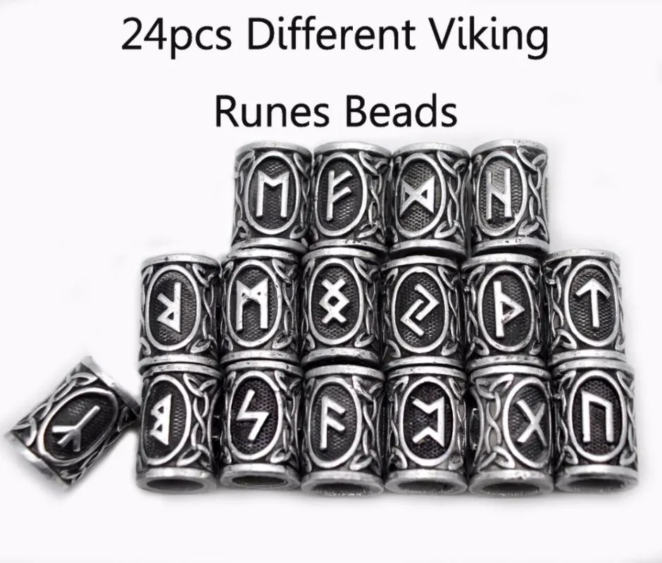 24pcs Top Silver Norse Viking Runes Charms Beads Findings for Bracelets for Pendant Necklace Beard or Hair Vikings Rune Kits