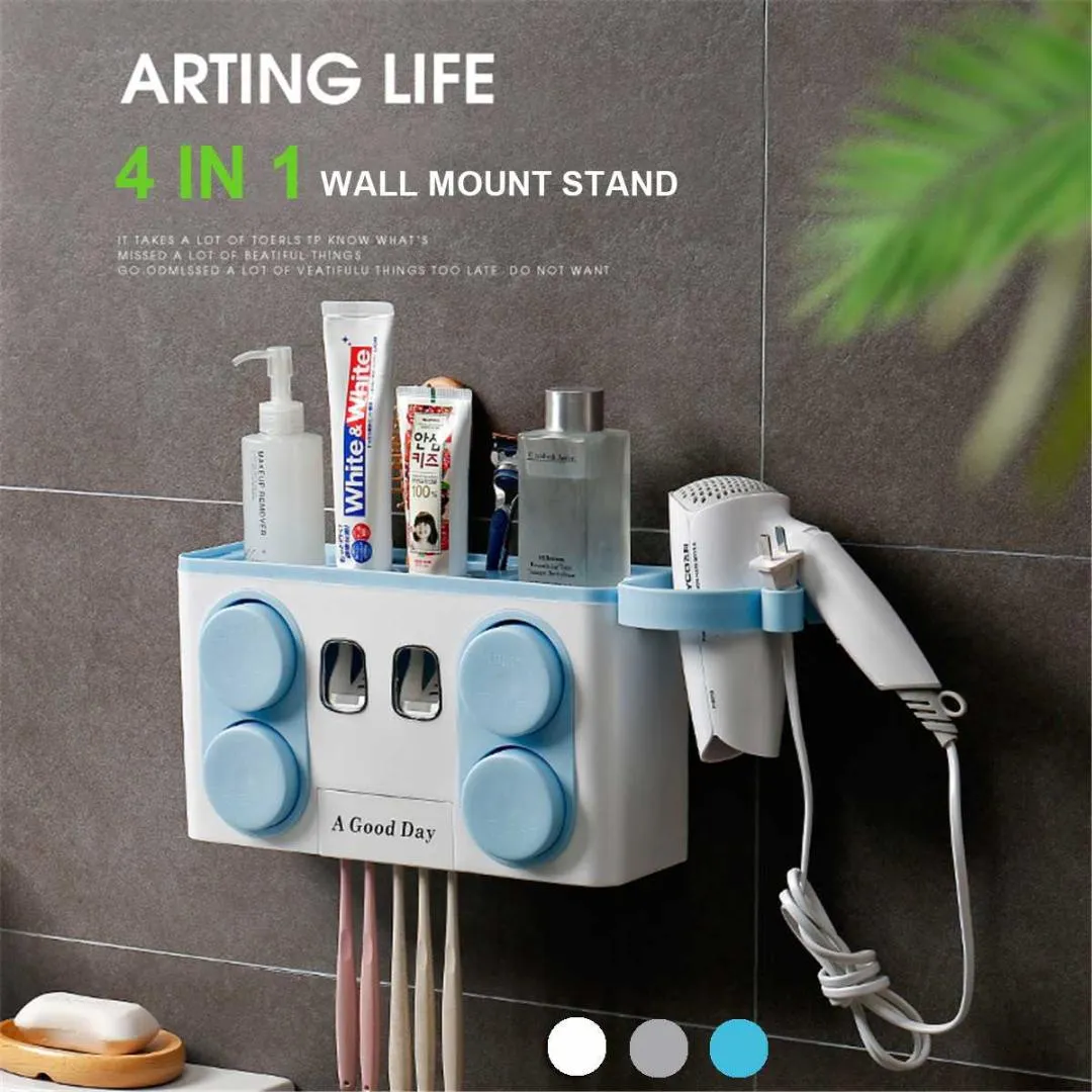 4 in 1 Automatic Toothpaste Dispenser Wall Mounted Toothbrush Holder + Cups Hair Dryer Holder Bathroom Set Storage Shelf Rack