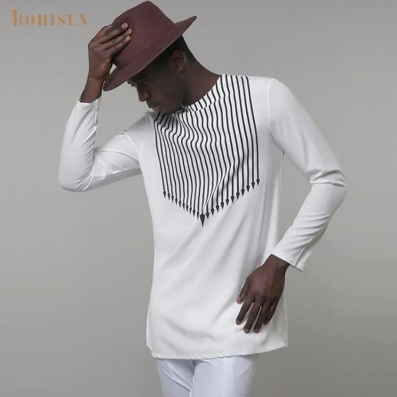 Etnik Giyim Bohisen Moda Çizgili Baskı Gömlek Erkekler Marka Afrika Dashiki Elbise Erkek Uzun Kollu Beyaz Gömlek Afrika270'ler
