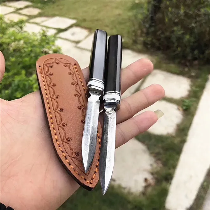 Promotion Damascus Pu'er Tea Knife Damascus Steel Blade Ebony Handle Fixed Blades Collectable Gift Knives Leather Sheath