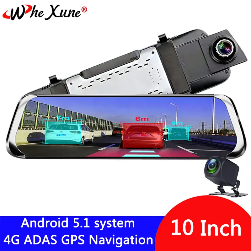 WHEXUNE 4G 10" registrar IPS Android 5.1 carro DVR Camera ADAS espelho traço Cam Video Recorder Full HD Retrovisor WiFi GPS