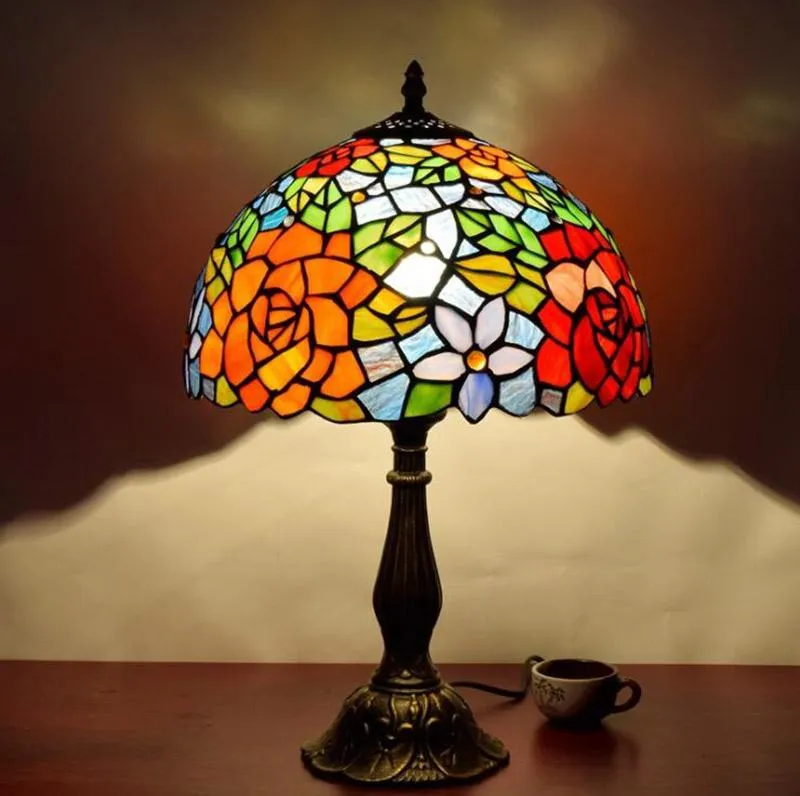 40W Retro Mediterranean Table Lamp European Tiffany Simple Orange Bedroom Bedside Desk Lamps Bar Restaurant Hotel Stained Glass Light