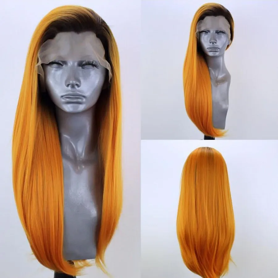 Long Kylie Jenner Style Orange Color Brazilian Full Spets Front Wig Ombre Synthetic peruk med naturlig hårfäste afrikansk kvinnor peruk