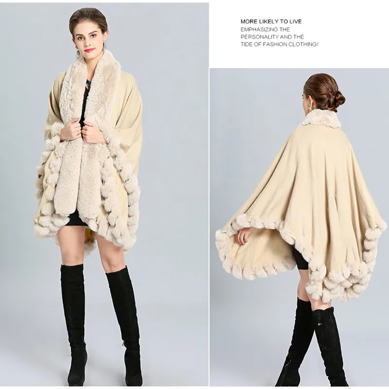 Partihandel-Fashion Luxury Handcraft Fur Coat Cape Long Big Cashmere Faux Fur Overcoat Cloak Sjal Kvinnor Höst Vinter Wraps Poncho