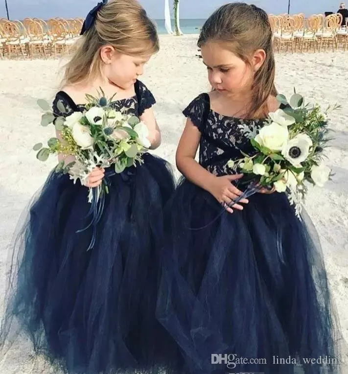 2019 Księżniczka Tanie Lovely Cute Navy Blue Long Koronki Kwiat Girl Dresses Córka Toddler Pretty Kids Pagewant First Communion Sukienka