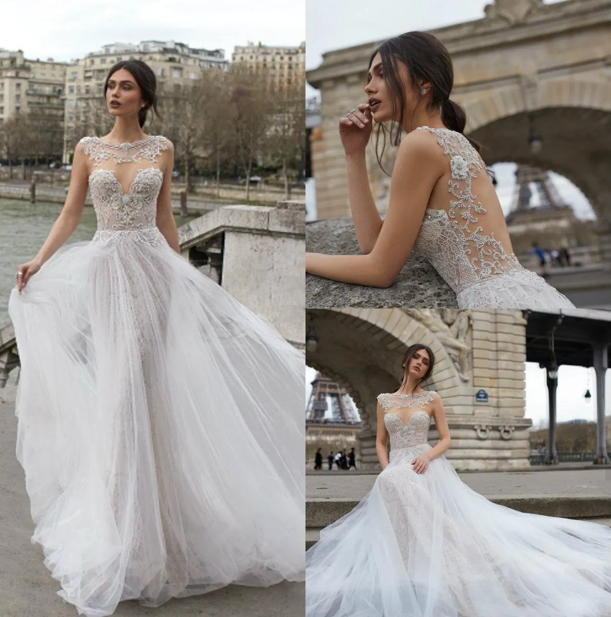 Julie Vino 2019 A Line Abito da sposa Gioiello Collo cristalli Abiti da sposa Abiti da sposa Pizzo Vestido De Novia Sweep Train Abiti da sposa abitudine