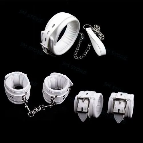 Bondage White Leather Slave Handcuffs Ankel Manschetter Restraints Neck Collar w/ Chain Leash #R98