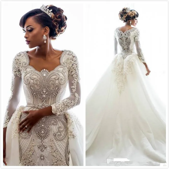 Luxurious Crystals Mermaid Arabic 2020 Plus Size Wedding Dresses Long Sleeves Beaded Lace Bridal Dresses Sexy Vintage Wedding Gowns