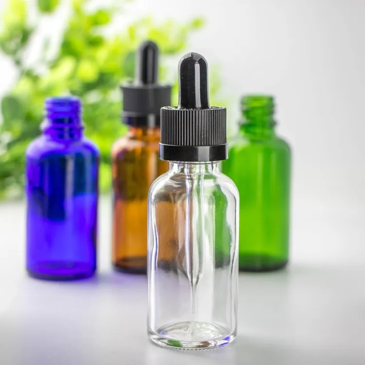 Flaconi contagocce in vetro trasparente da 30 ml con tubo per pipetta Tappo nero a prova di bambino per olio essenziale Eliquid