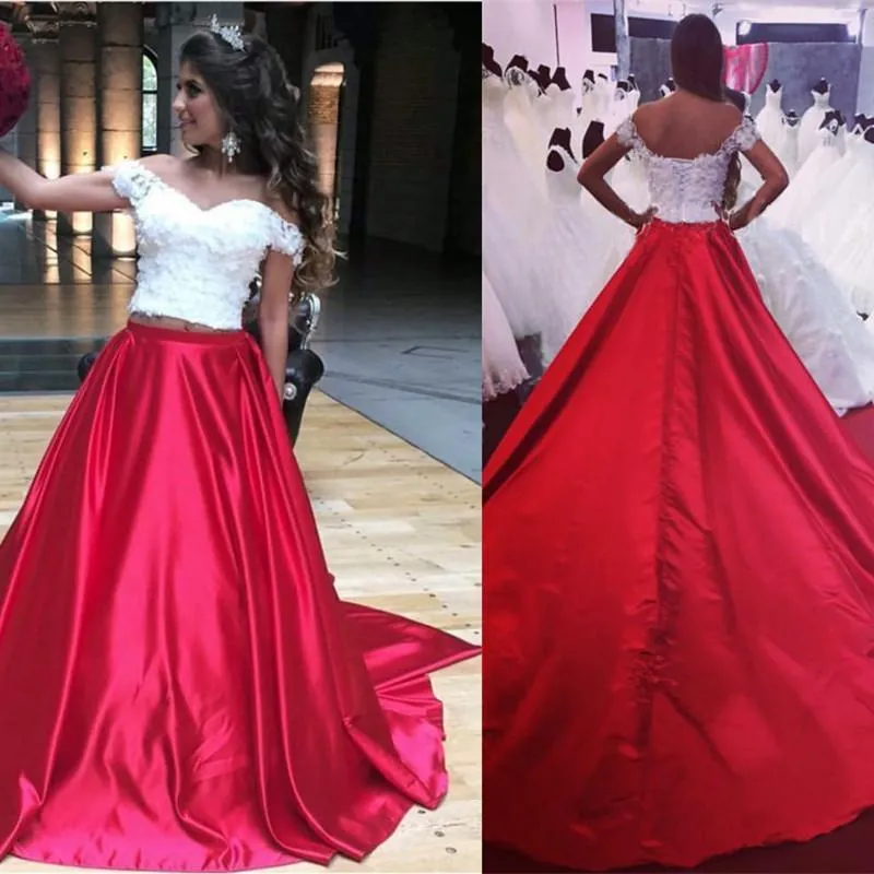 White and Red Off Shoulder Prom Dresses 2 Pieces Lace Appliqued Satin Evening Gown Long Formal Dress abendkleider