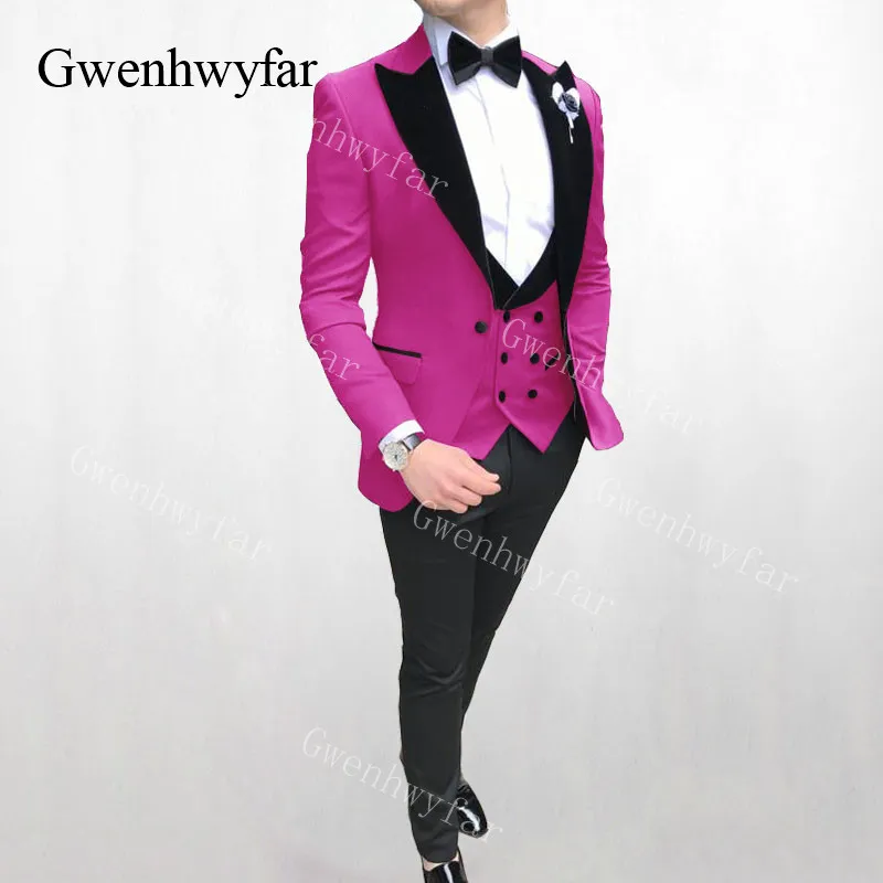 Gwenhwyfar Abito da uomo con risvolto in velluto Slim rosa rossa/cachi/blu reale/viola Abito da uomo da sposa Costume da uomo Mariage Homme 3 pezzi