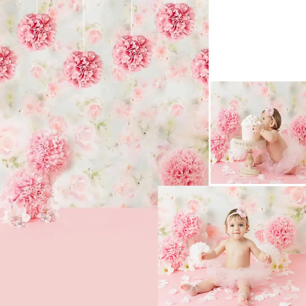 Numérique imprimé rose papier fleurs bébé fille photographie toile de fond nouveau-né Photoshoot accessoires enfants fête d'anniversaire Photo fond