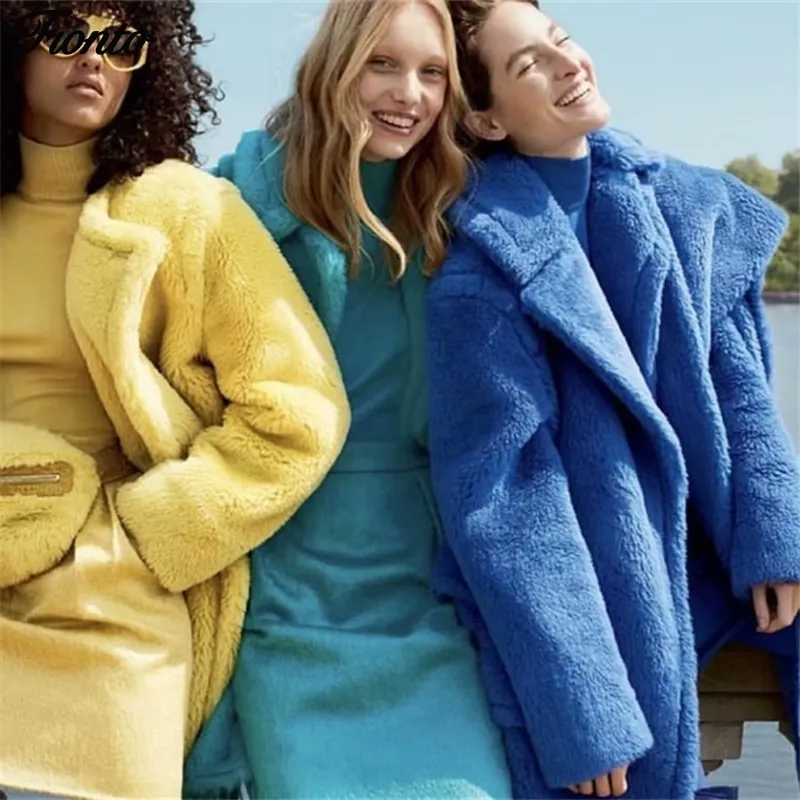 FIONTO Winter Women Lamb Wool Coat Luxury Long Faux Fur Coat Loose Lapel OverCoat Thick Warm Plus Size Female Plush Coats