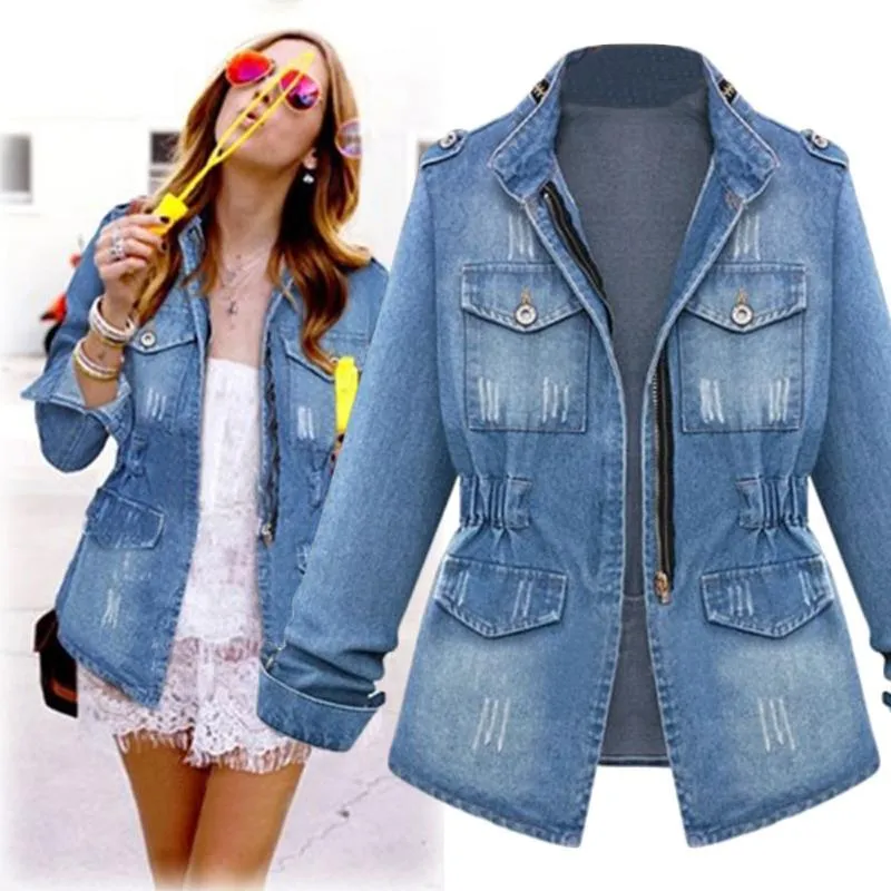 Casual pour Femmes Plus Denim Denim Sous-ci Jeans Chaîne dans la veste Pocket manteau Polyester motif solide Collier de retournement solide