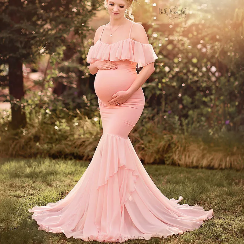 Maternity Dresses for Photo Shoot Maternity Photography Props Pregnancy Shoulder Ruffles Maxi Dresses Gown Pregnant Clothes