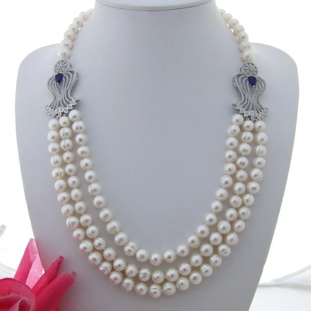 Hand knotted 3strands 7-8mm white round freshwater pearl necklace micro inlay zircon accessories pearl pendant long 53-58cm