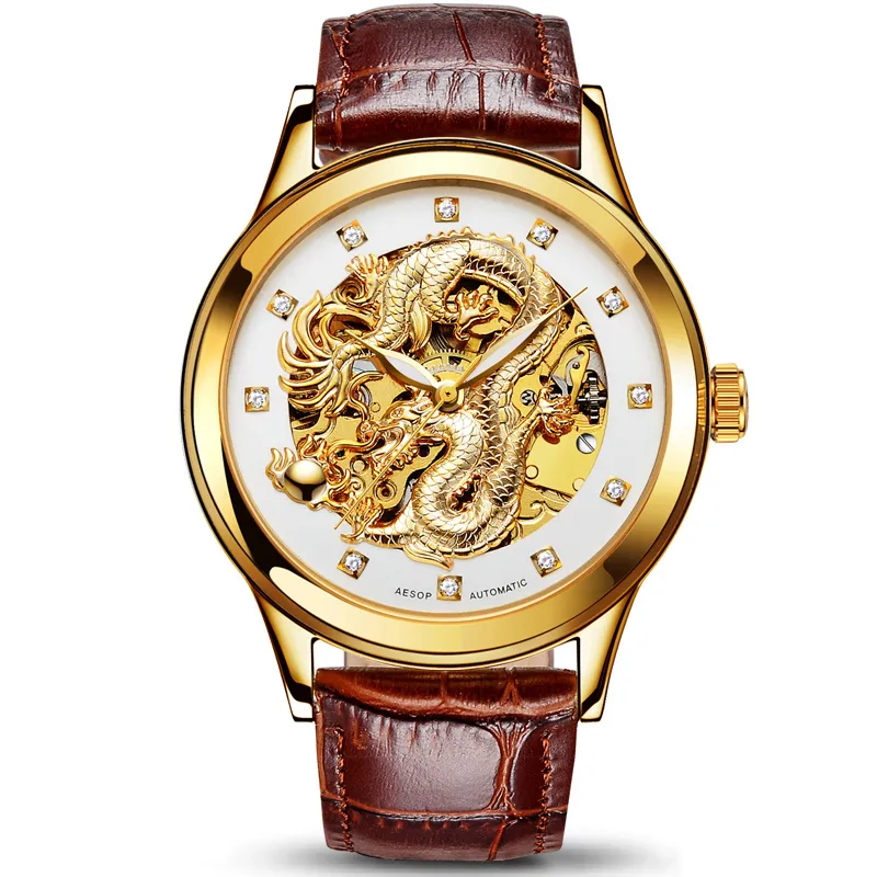 Reloj AESOP Dragon para hombre, reloj mecánico automático de oro de lujo, reloj de pulsera dorado de zafiro para hombre, reloj Masculino para hombre