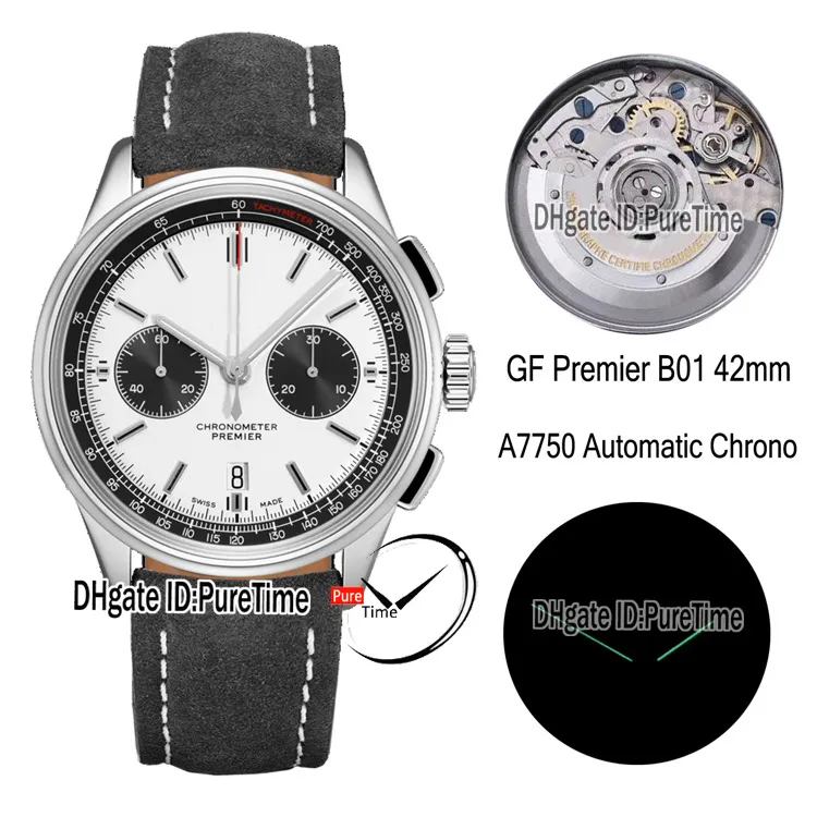 GF Premier B01 ETA A7750 Cronografo automatico Orologio da uomo 42 mm Acciaio bianco quadrante nero AB0118221G1X1 Pelle nera Best Edition Nuovo Puretime