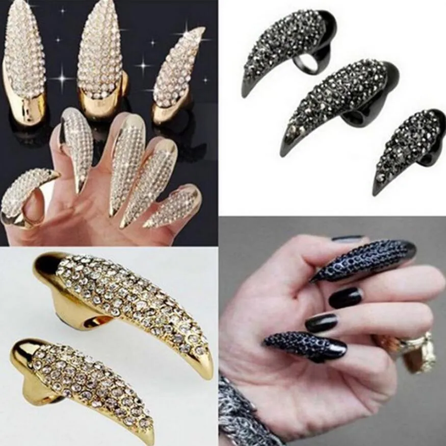 Crystals Nails Eagle Claw Punk Finger Rings For Women Gold And