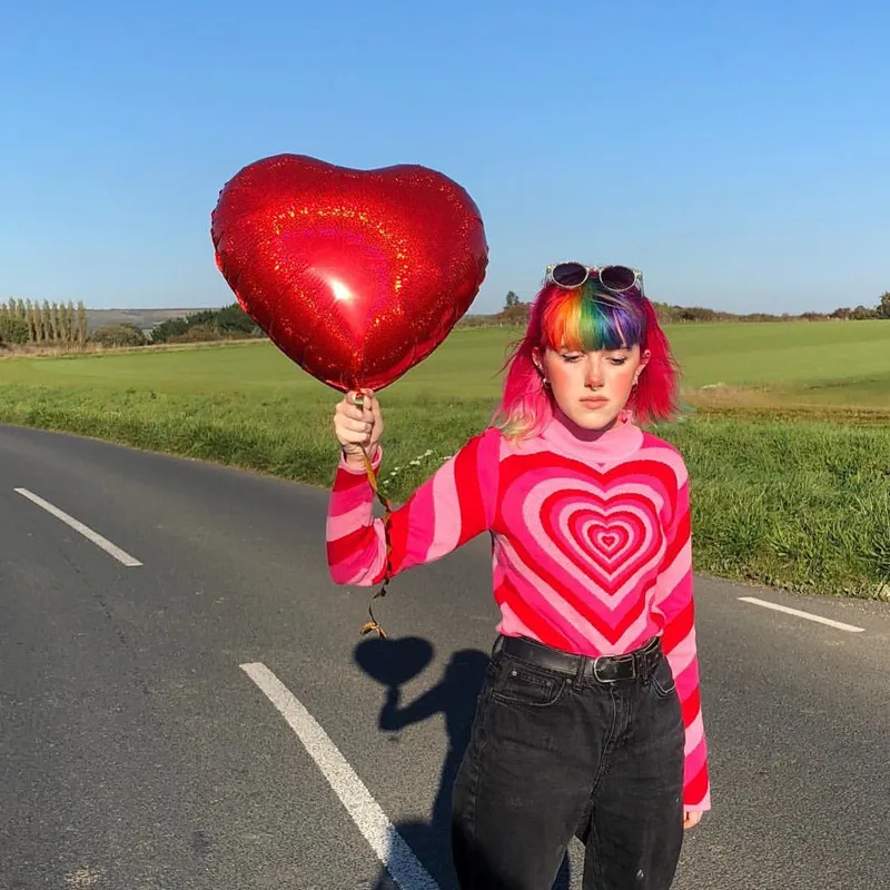 Love sweater pink red block women's autumn lazy oaf rainbow mock neck red pullover knitted shirt