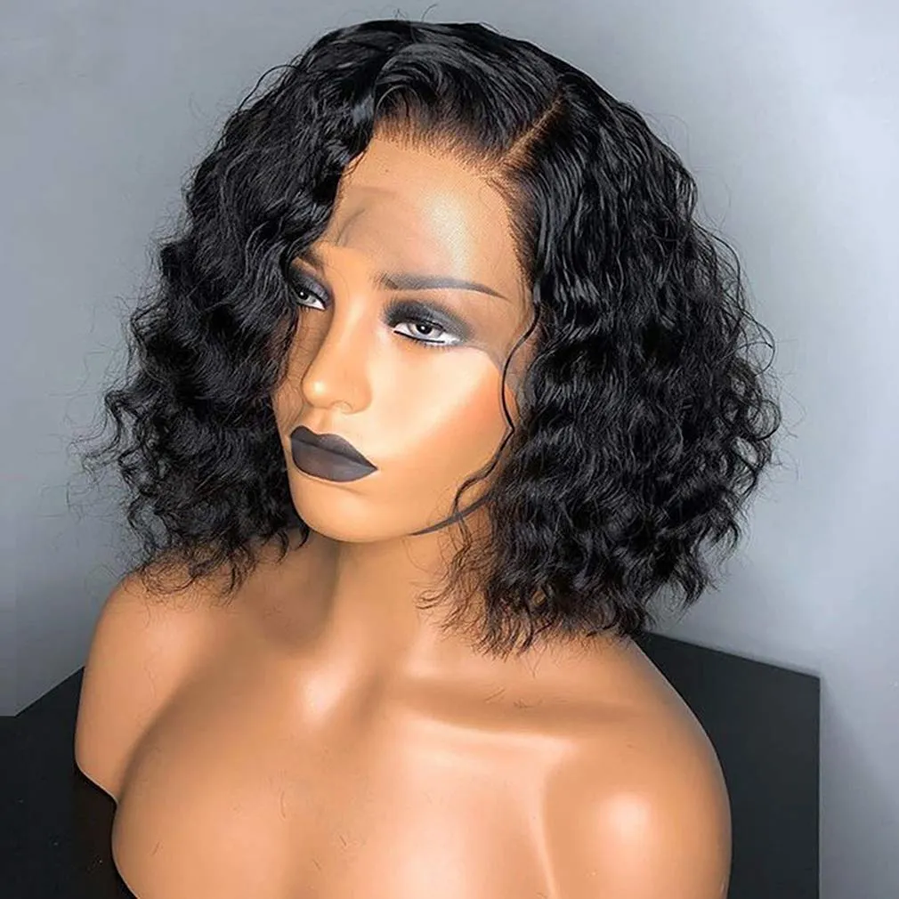 Short Bob Lace Front Natural Wave Peruker 100% brasilianska Human Hair Side Part Mode limfria vågigt Laced Wig