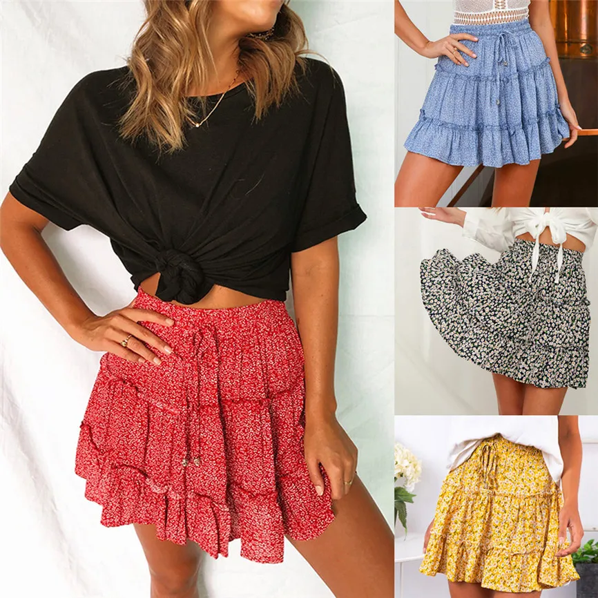 2019 vrouwen nieuwe mode hot casual sexy rok vrouwen mode zomer casual hoge taille gegolfde bloemen print strand korte rok 40