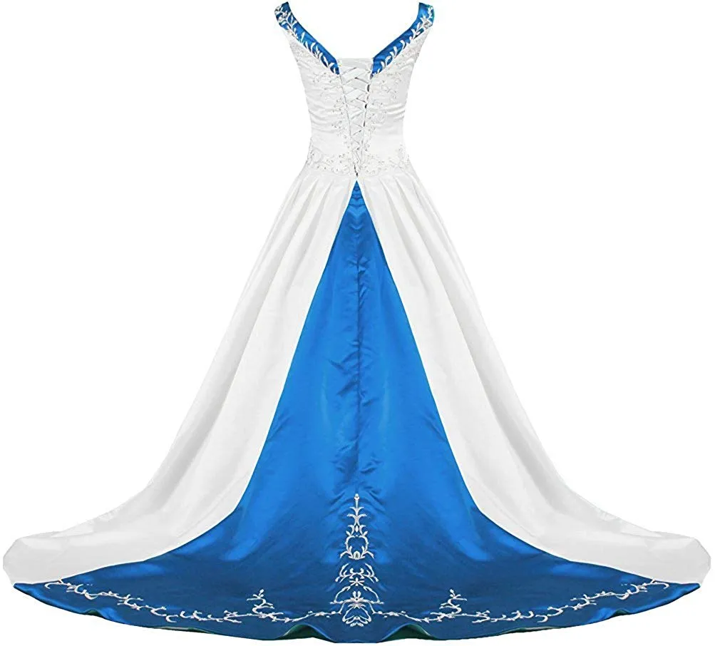 Vintage Satin Embroidered Wedding Dress with V-Neck, Embroidery, Chapel Train, Beaded Lace-up, and Elegant Picture.
