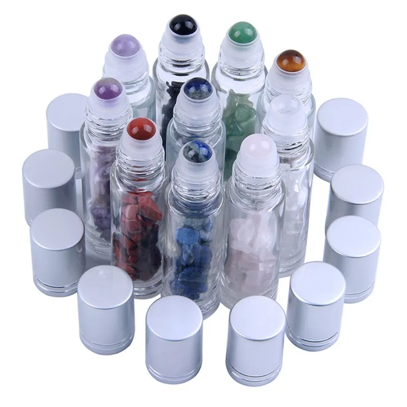 10ML Natural Gemstone Essential Oil Roller Ball Bottles Clear Perfumes Oil Liquids Roll On Bottles With Crystal Chips 