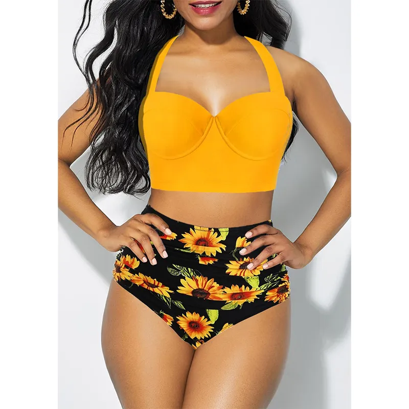 Sunflower Romper Women D Cup Swimsuits Swimsuit Bra Set Swimwear Bikini  Beach Lady Solid Color Push-Up Women Padded Swimwears Tankinis Set  Sunflower Swimsuits 