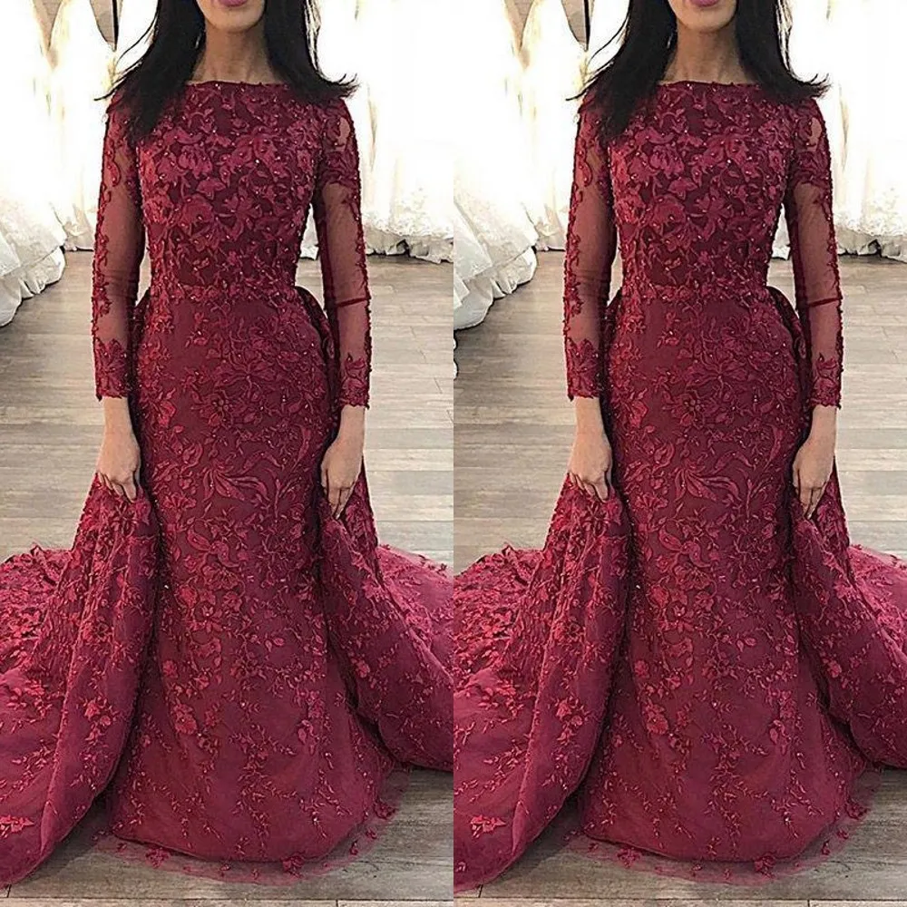 Sexy New Arabic Burgundy Mermaid Evening Dresses for Women Wear Jewel Neck Long Sleeves Lace Appliques Crystal Beaded Prom Dress Party Gowns