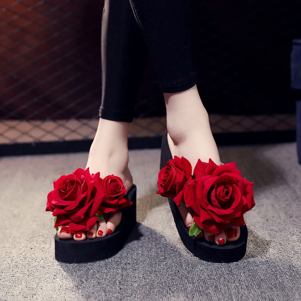 Горячие продажи - женская удобная платформа Sandal Shoes Girls Bohemian Pearl absgles Красная роза Флопса Флопса Тапочки Дамы Пляж Флористические Обувь Скольжения