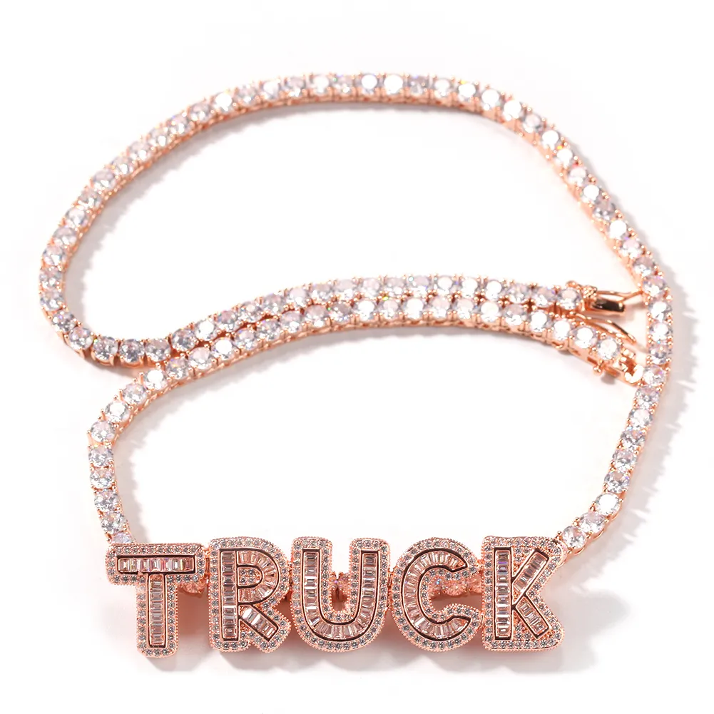 Hip Hop Custom Name Baguette Letters With Tennis Chain Men Women Micro Cubic Zircon Pendant Necklace Jewelry249S