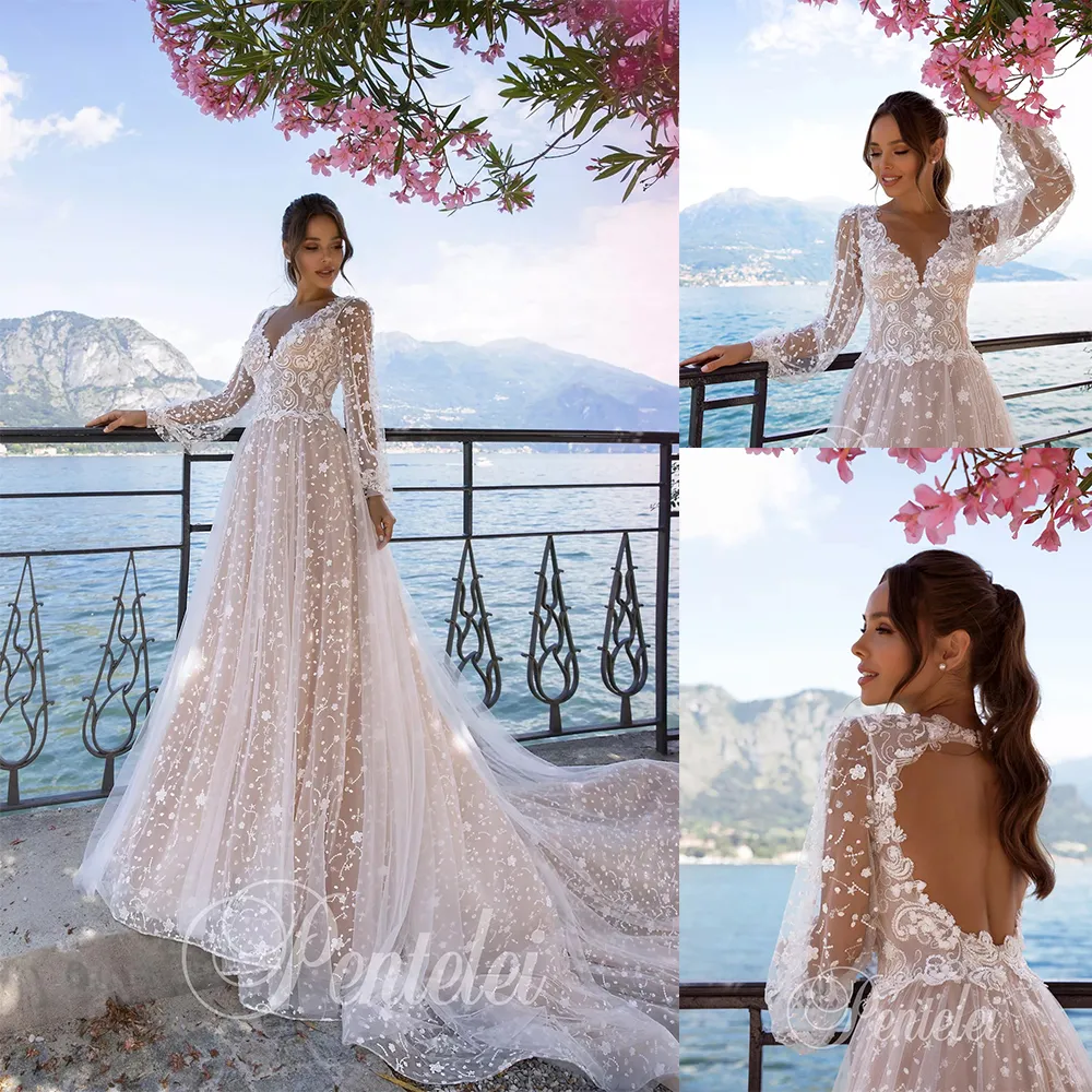 Sparkly Pentelei 2020 Långärmad Bröllop Dresse Bridal Gowns V Neck Lace Appliqued Beaded Robes de Mariée