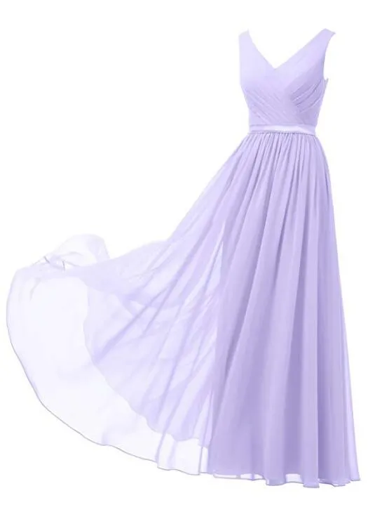 Helllila Sexy Brautjungfernkleid Bodenlanges Chiffon-Partykleid mit V-Ausschnitt Maßgeschneiderte Brautjungfernkleider Chiffon-Hochzeitsabendkleid