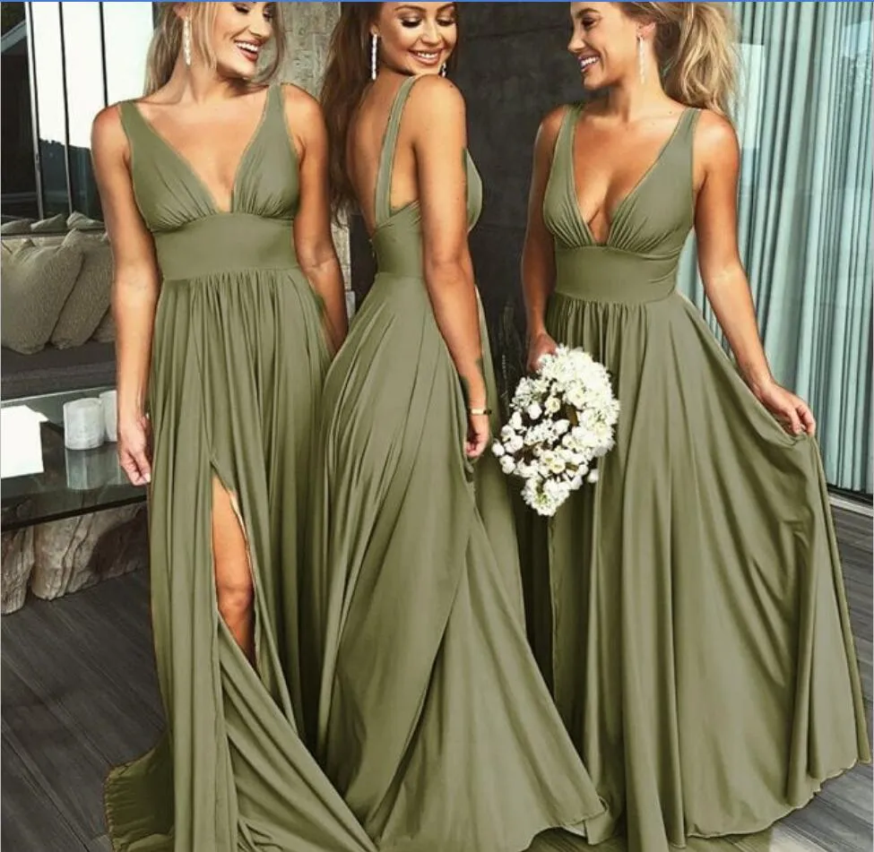 Country Bridesmaid Dresses V Neck Sexy Split A Line Soft Satin Backless Cheap Junior Bridesmaid Gowns Party Dress