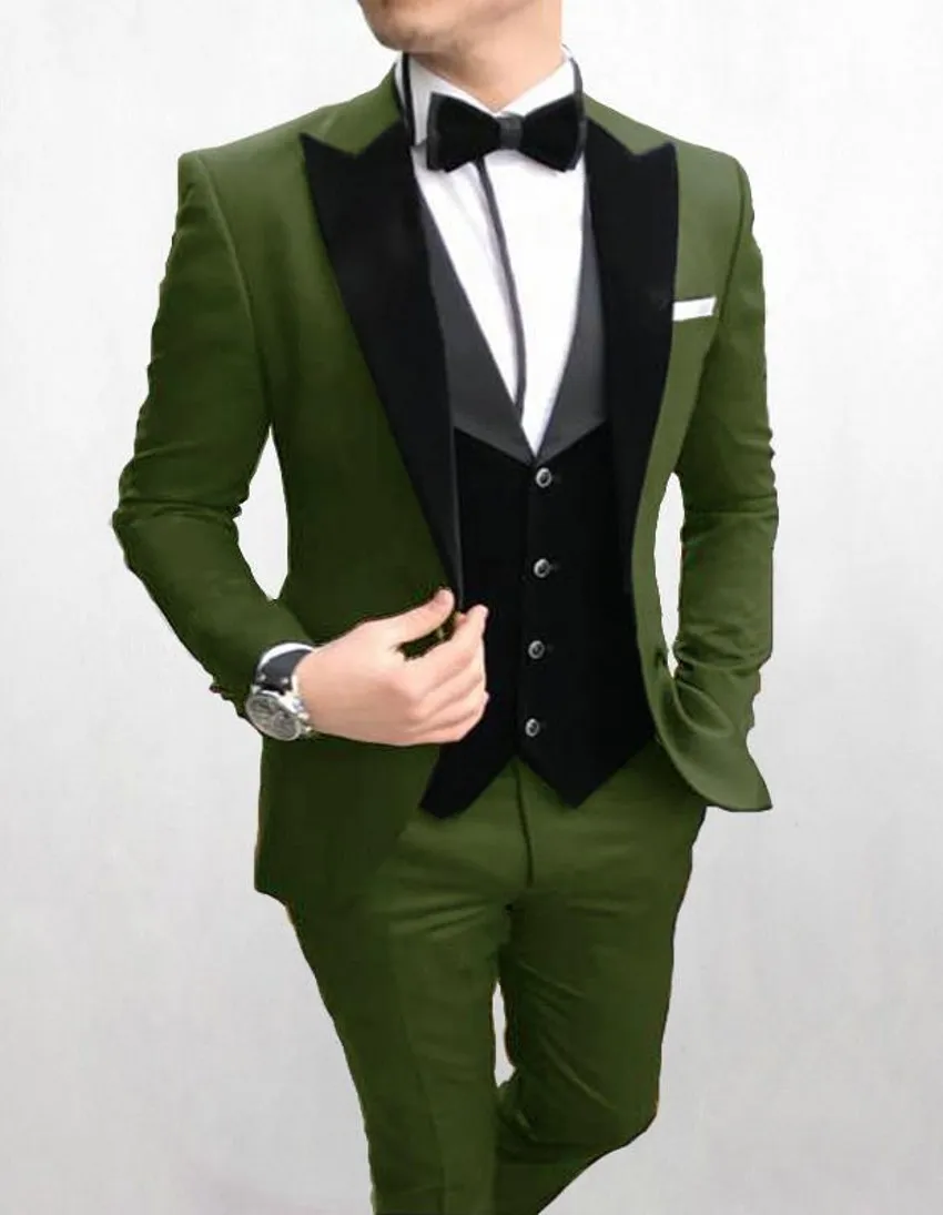 Оливковый Groom Tuxedos Черный Пик нагрудные Groomsmen Mens Свадебное платье моды Человек куртка Blazer 3шт Костюм (куртка + брюки + жилет + Tie) 1661